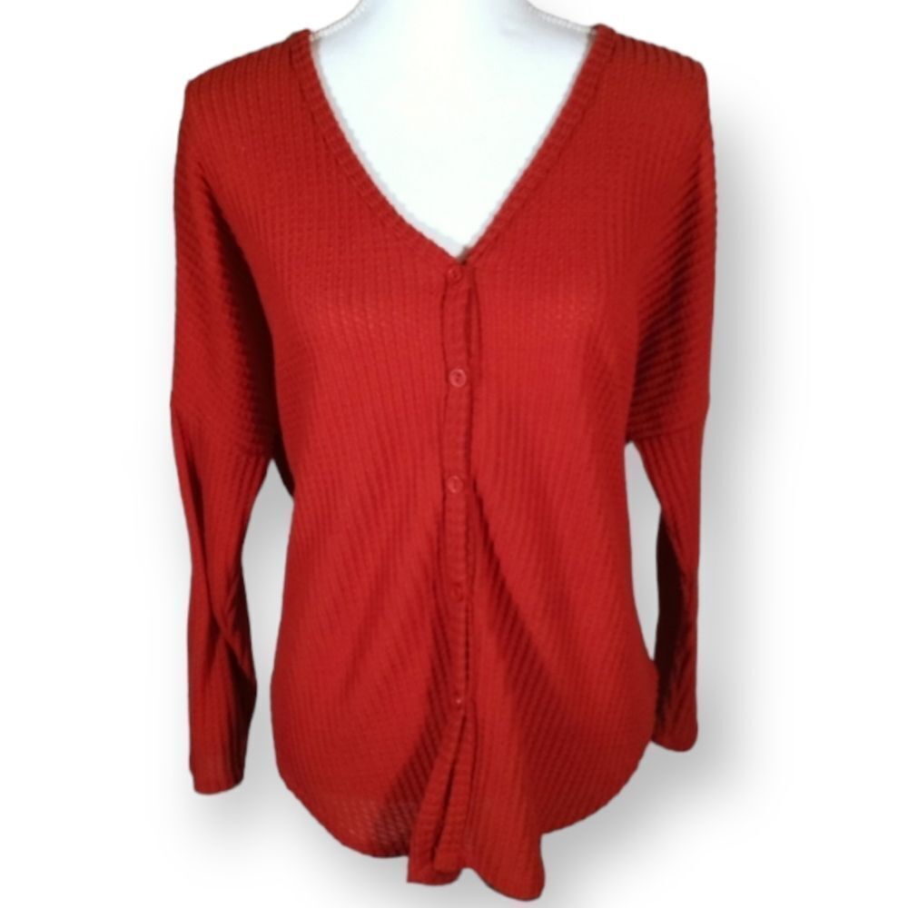 LIVE IN THE MOMENT BURNT ORANGE WAFFLE KNIT V-NECK SWEATER SZ.M EUC